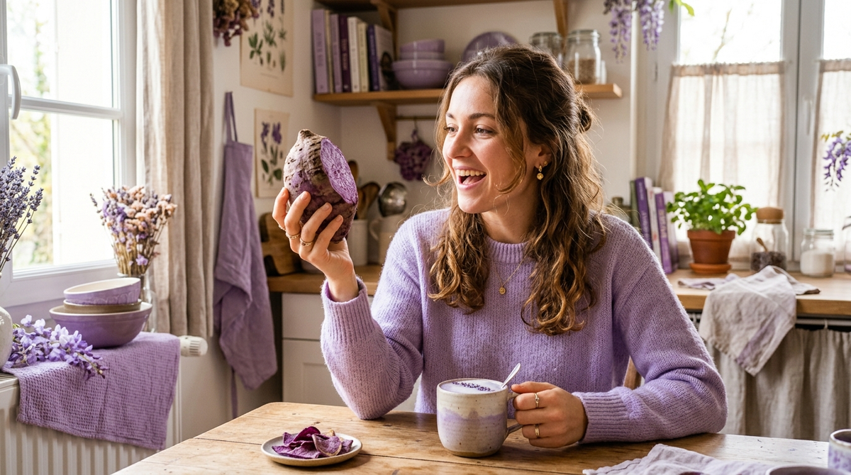 Femme tenant un tubercule d'ube violet coupé, dans une cuisine aux tons violets avec une tasse de boisson violette
