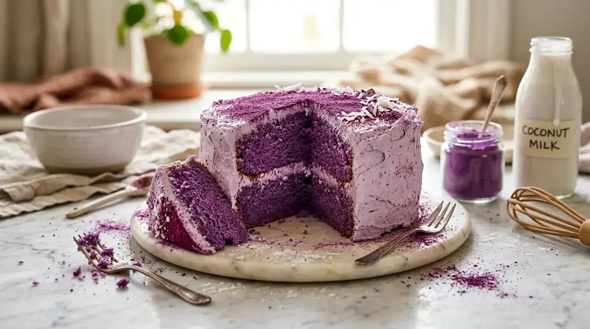 Gâteau à l'ube violet à deux étages avec une part coupée, entouré de lait de coco et de noix de coco râpée