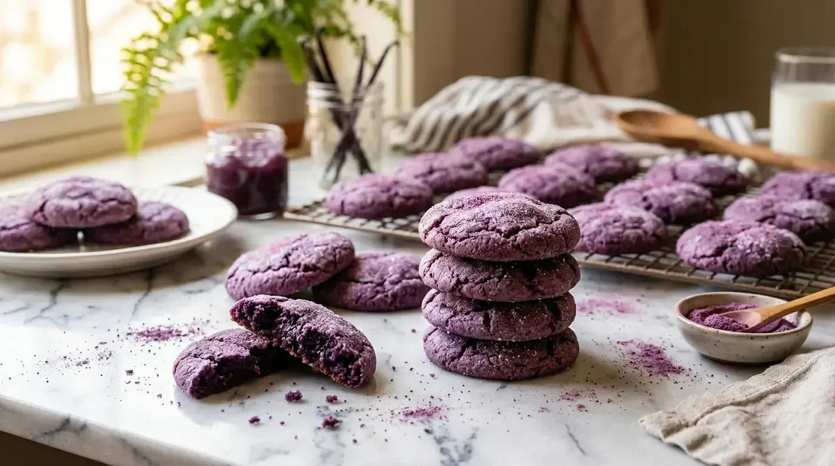 Pile de cookies à l'ube violets, l'un cassé en deux, avec d'autres cookies sur une grille de refroidissement