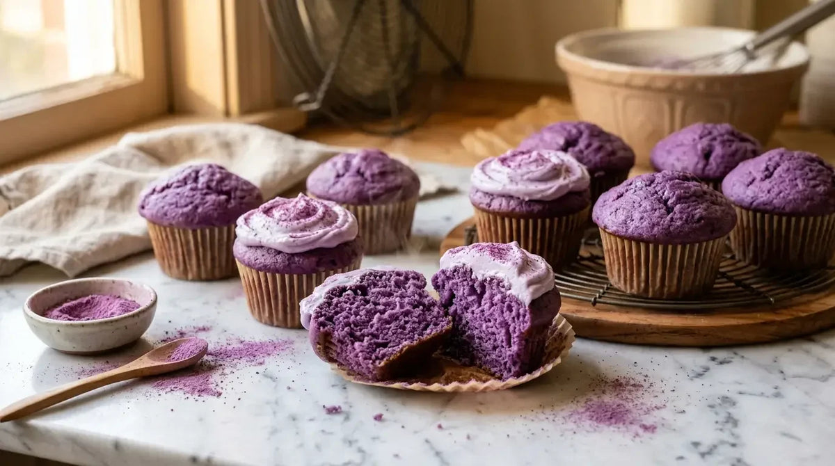 Muffins violets à l'ube, l'un coupé en deux montrant la mie, avec certains nappés de glaçage