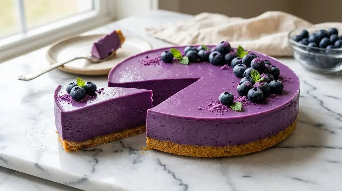 Cheesecake violet à l'ube sans cuisson, une part coupée, décoré de myrtilles et menthe