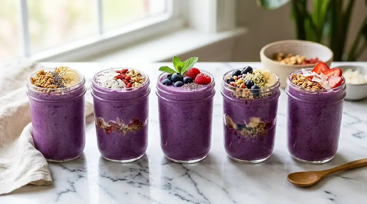 Cinq bocaux de smoothie violet à l'ube avec différentes garnitures : fruits, granola et fruits rouges