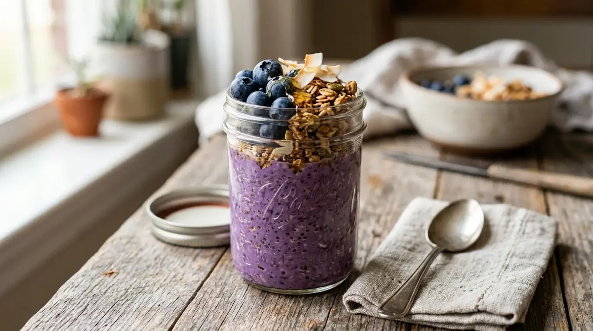 Bocal d'overnight oats violets à l'ube garnis de myrtilles, granola et copeaux de noix de coco