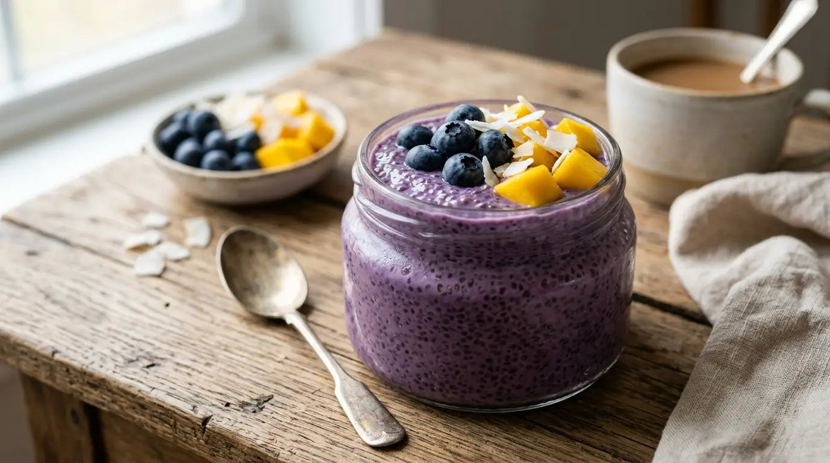 Chia pudding violet à l'ube dans un bocal, garni de myrtilles, mangue et noix de coco