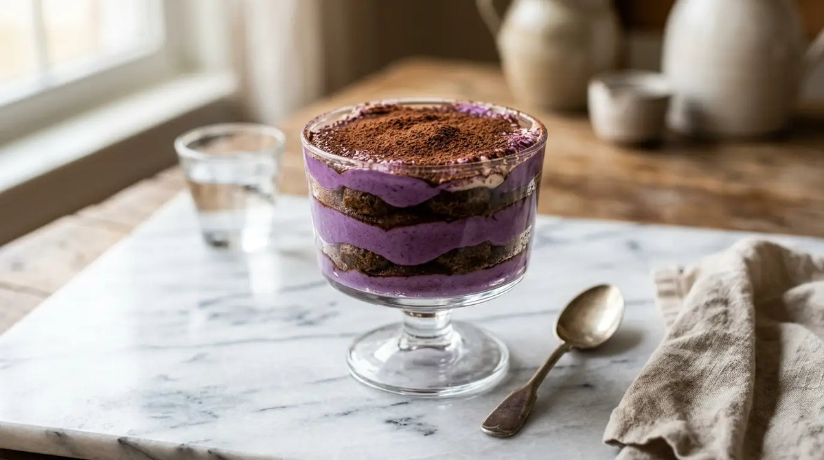Tiramisu à l'ube en verre à pied, couches violettes saupoudrées de cacao