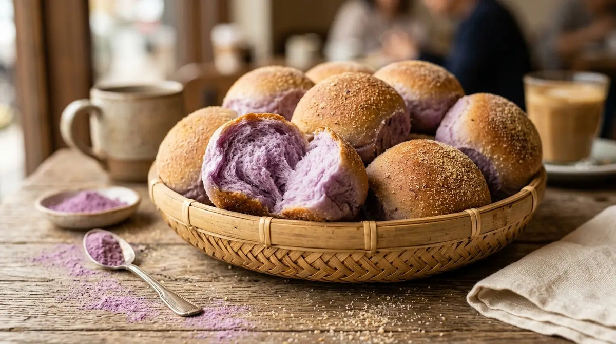Panier de petits pains pandesal dorés, l'un ouvert montrant sa mie violette à l'ube