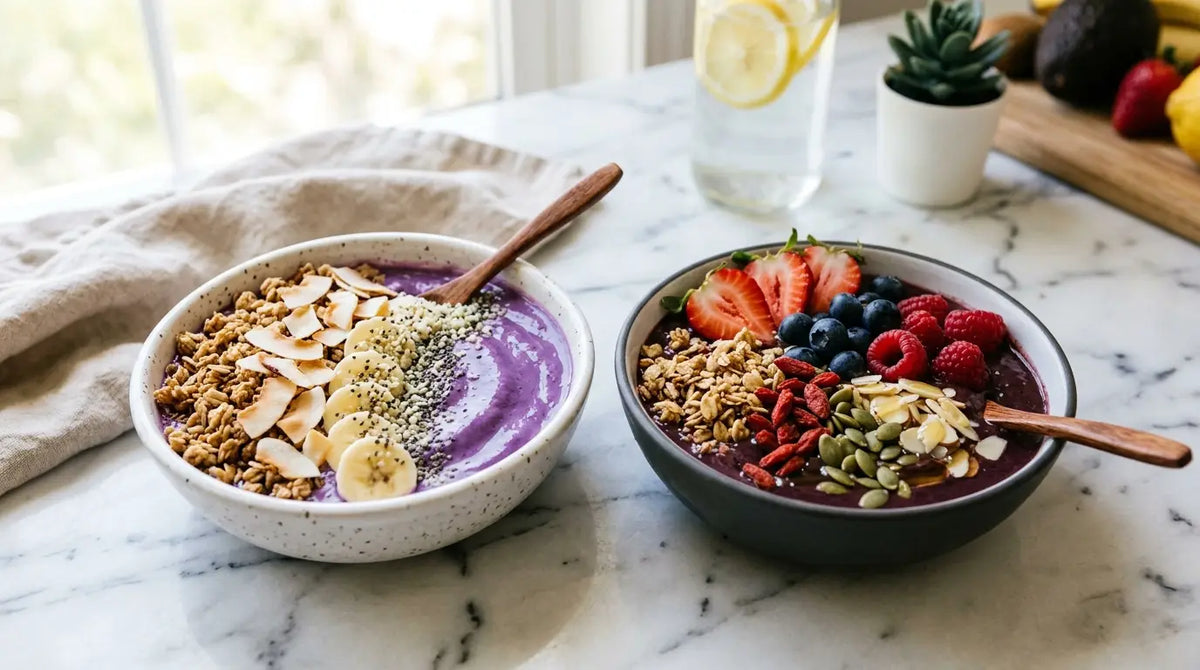Bol de smoothie à l'ube violet clair et bol de smoothie à l'açaï plus foncé, côte à côte avec leurs garnitures