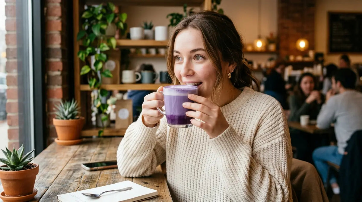 Femme souriante en train de goûter un ube latte violet dans une tasse en verre, dans un café chaleureux