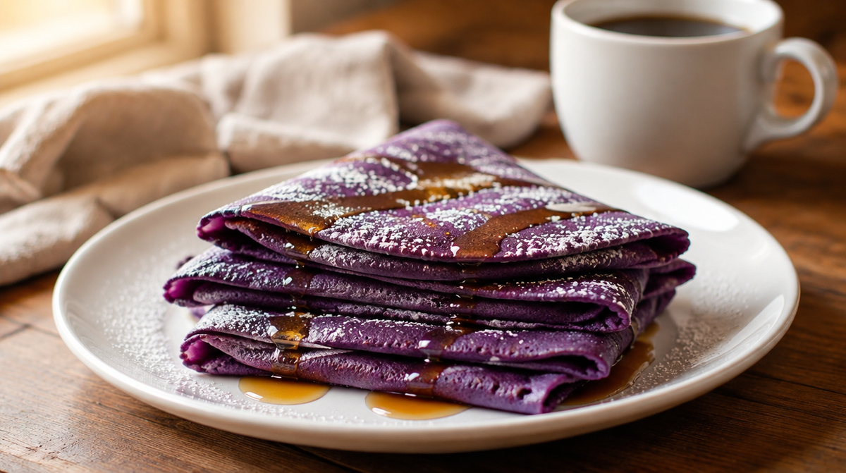 Crêpes violettes à l'ube pliées sur une assiette blanche, nappées de sirop d'érable