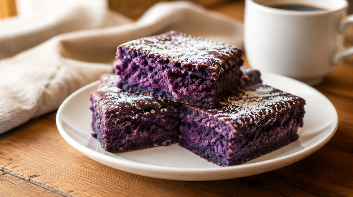 Brownies fondants à l'ube violets, empilés sur une assiette blanche, saupoudrés de sucre glace