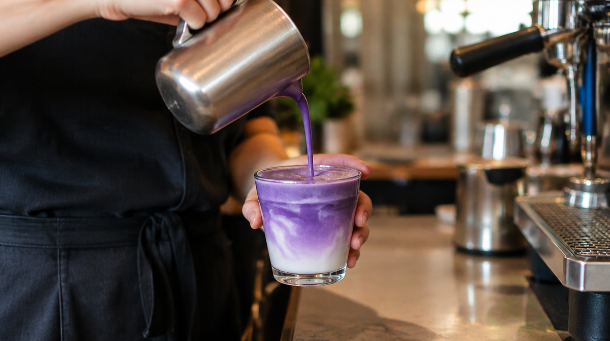 Barista versant un ube latte violet dans un verre transparent au comptoir d'un coffee shop