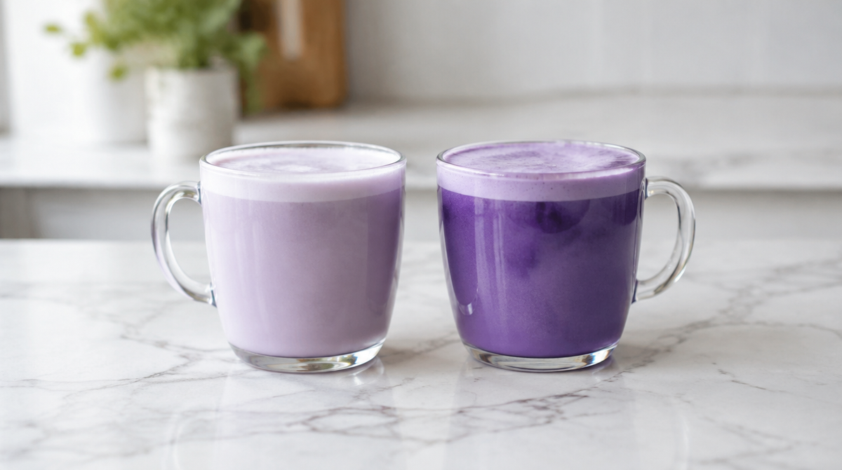 Comparaison d'un ube latte pâle et fade avec un ube latte au violet intense, côte à côte