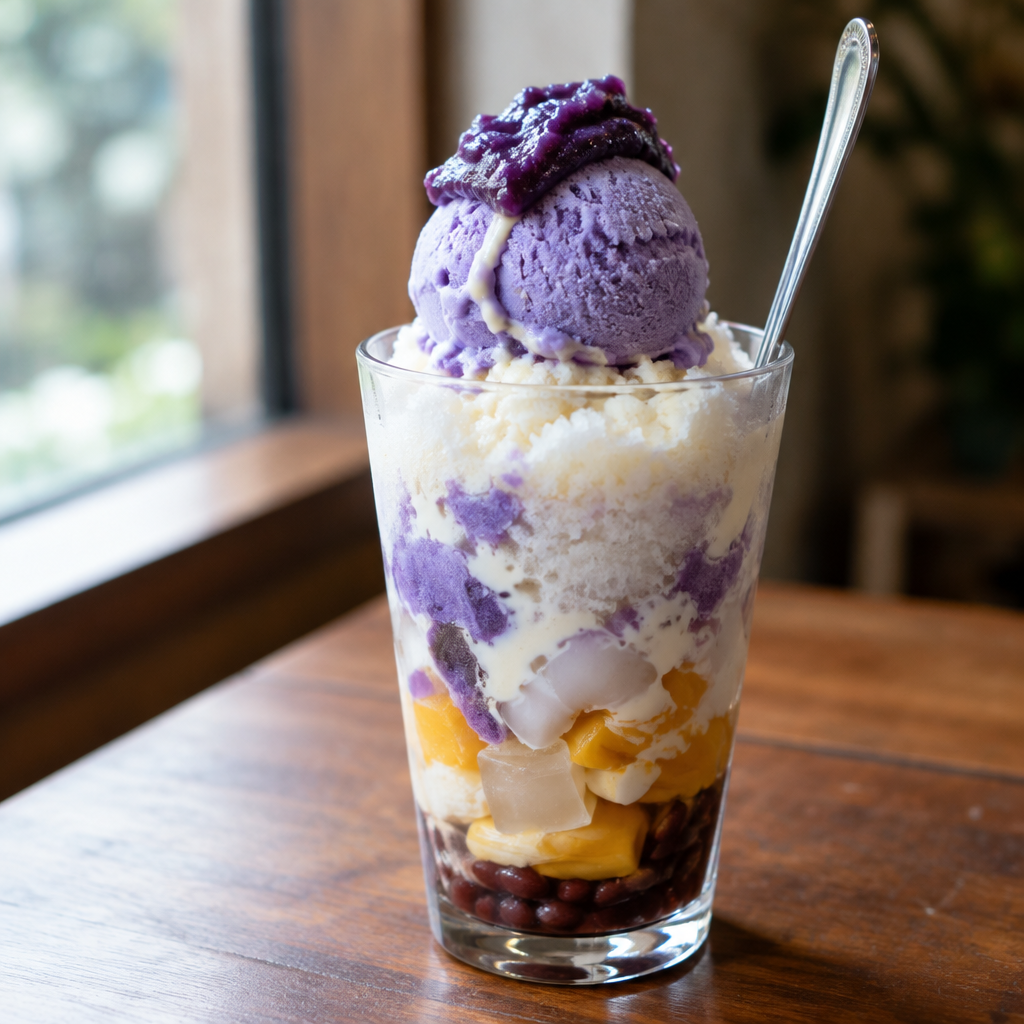Halo-halo à l'ube, glace pilée, garnitures et ube halaya