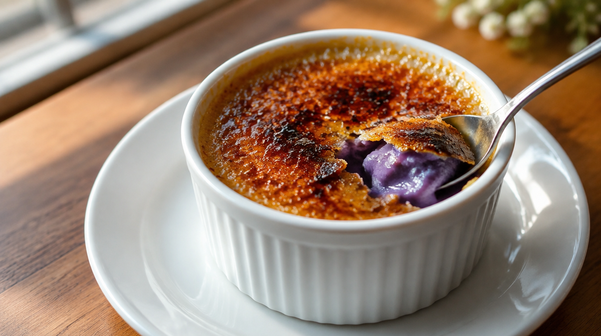 Crème brûlée à l'ube, caramel craquant et crème violette