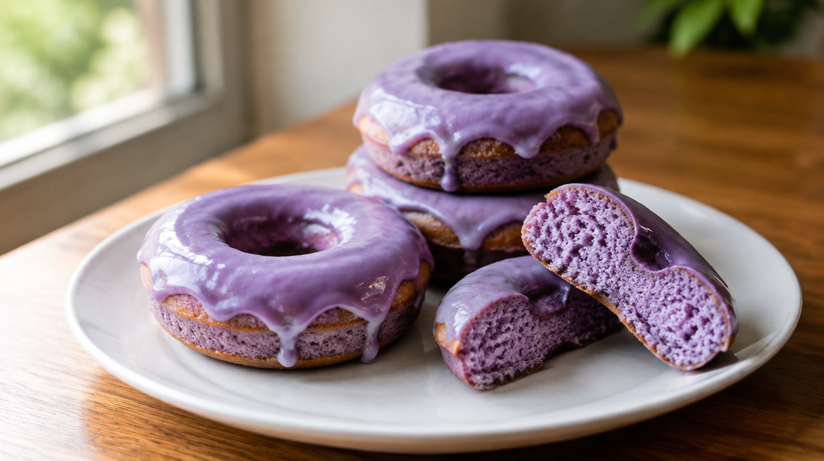 Donuts à l'ube au four, glaçage violet coulant et mie violette visible