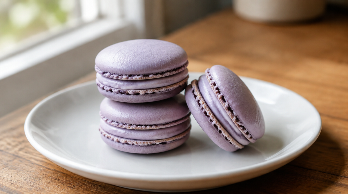 Macarons à l'ube maison, coques violet pastel et ganache montée chocolat blanc