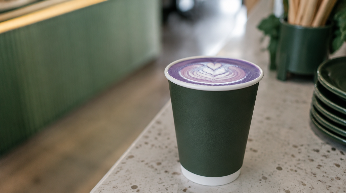 Boisson violette à l'ube dans un gobelet de café