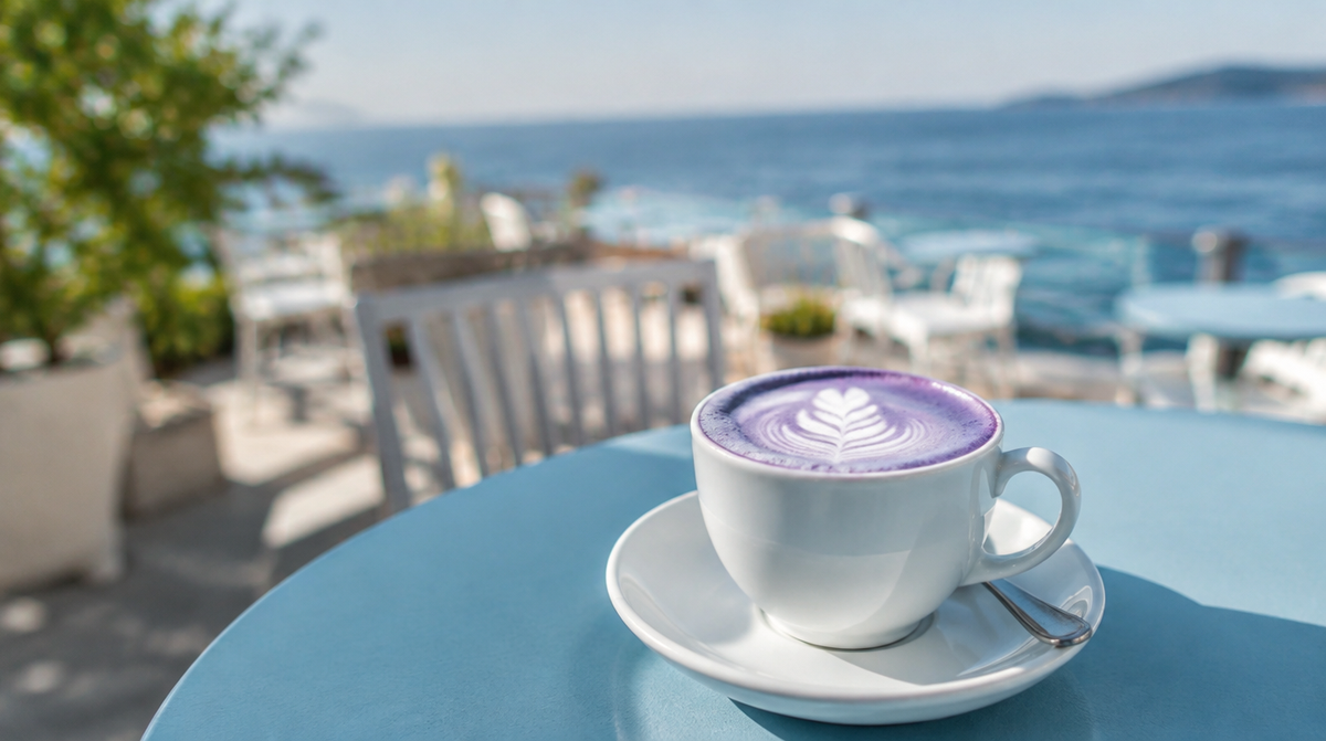 Ube latte violet en terrasse face à la mer à Nice