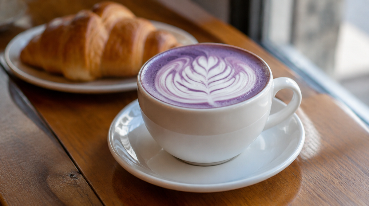 Ube latte violet servi dans un café à Nantes