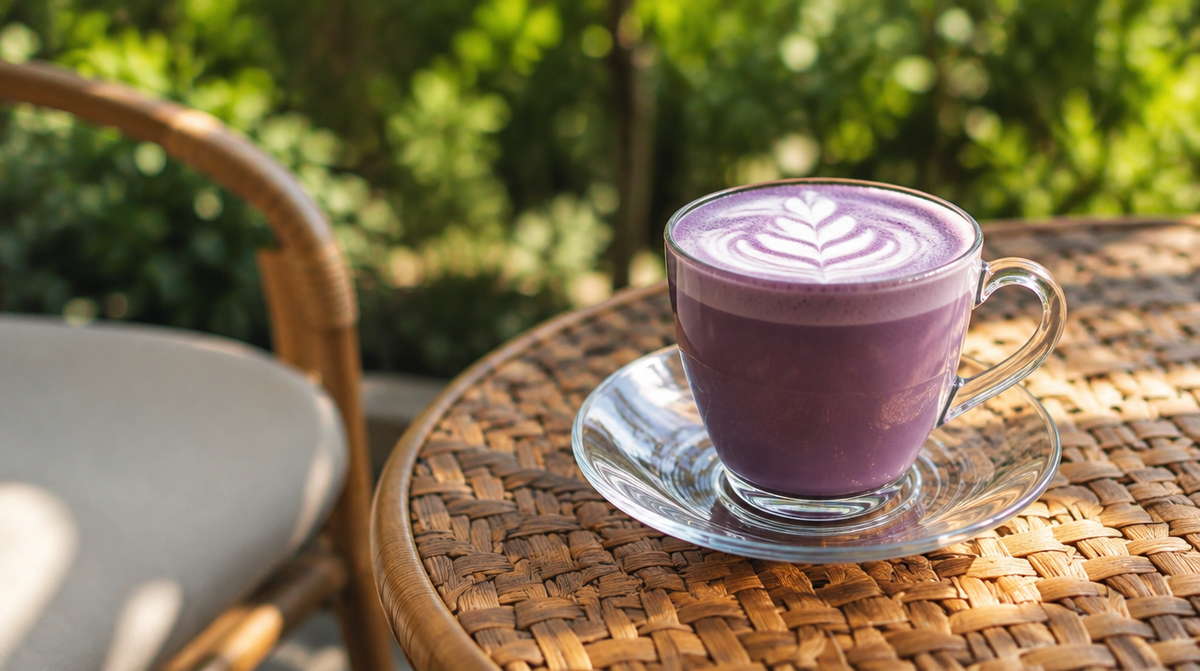 Ube latte violet en terrasse à Toulouse