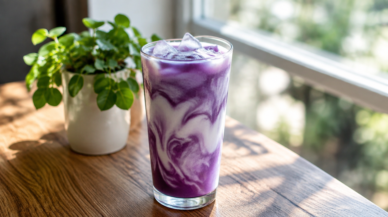 Ube latte violet servi dans un café à Montpellier