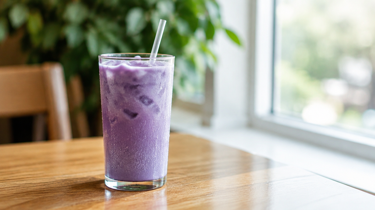 Ube latte glacé violet servi dans un café à Bordeaux