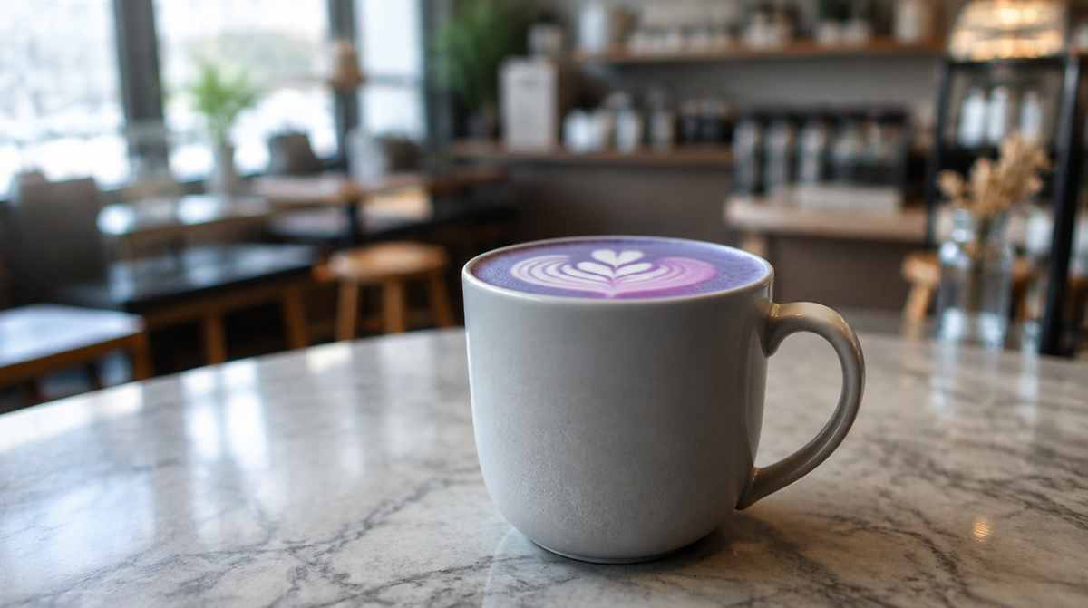 Ube latte violet servi dans un café à Marseille