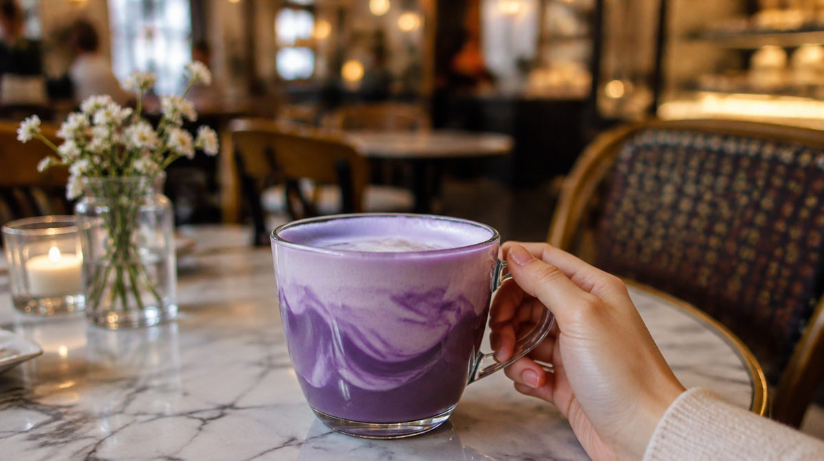 Ube latte violet servi dans un café à Lyon