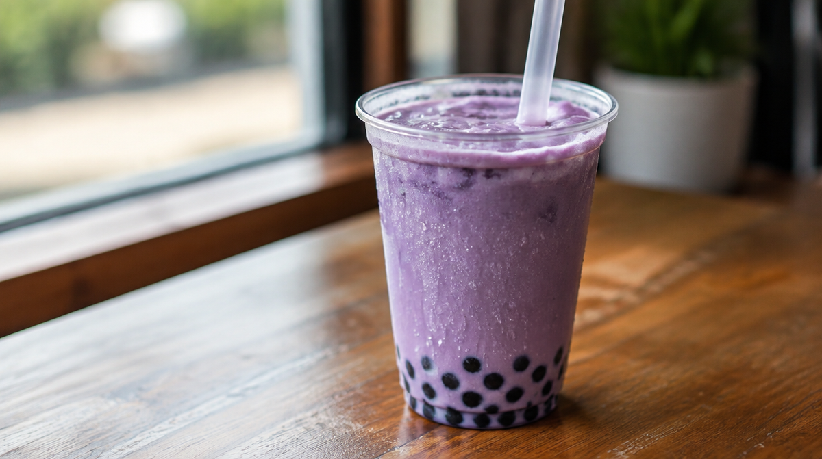 Bubble tea maison à l'ube avec perles de tapioca