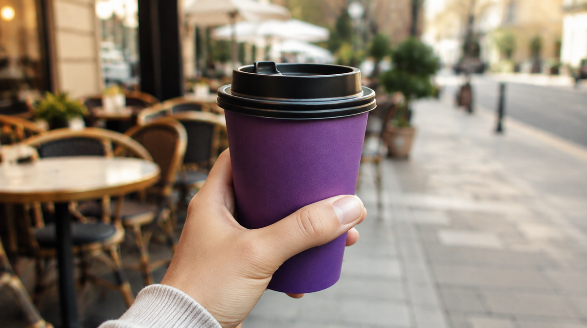 Ube latte violet à emporter dans une rue à Lille