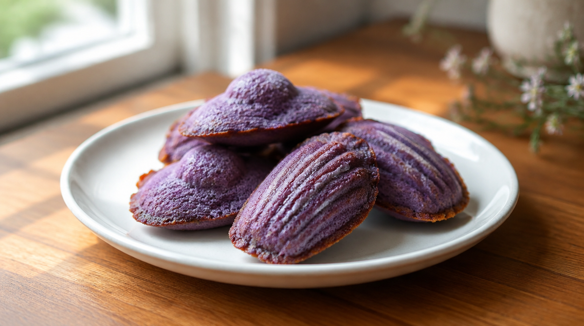Madeleines à l'ube maison, coquilles violettes avec une bosse marquée
