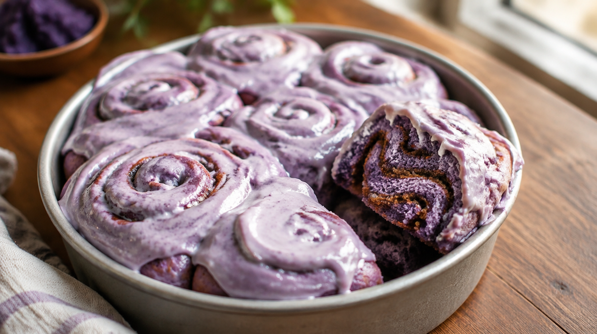 Cinnamon rolls à l'ube maison, spirales violettes avec cream cheese frosting