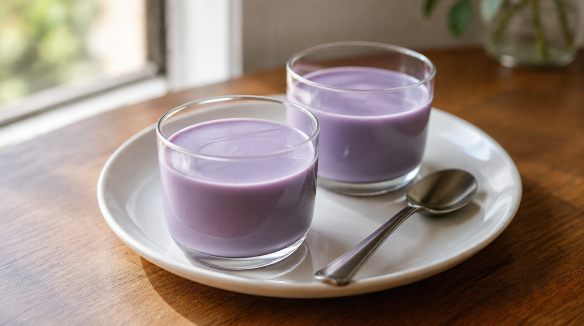 Panna cotta à l'ube en verrines, texture crémeuse et tremblotante