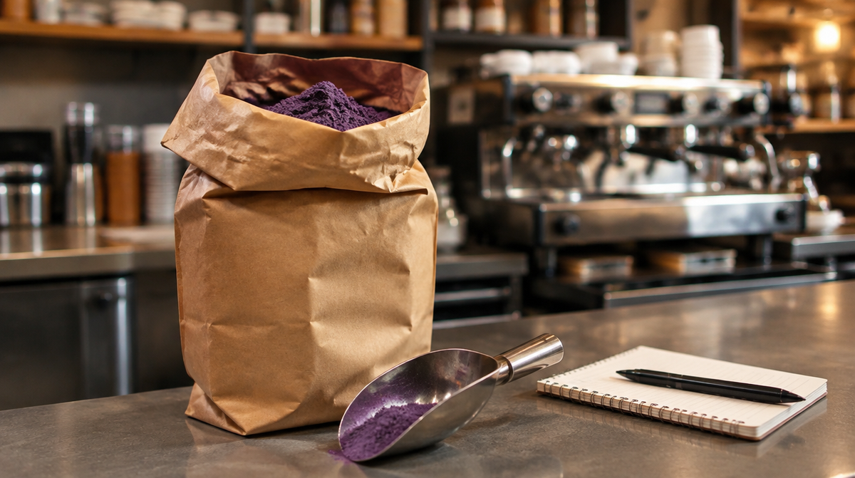Sachet de poudre d'ube en format professionnel dans un environnement de coffee shop