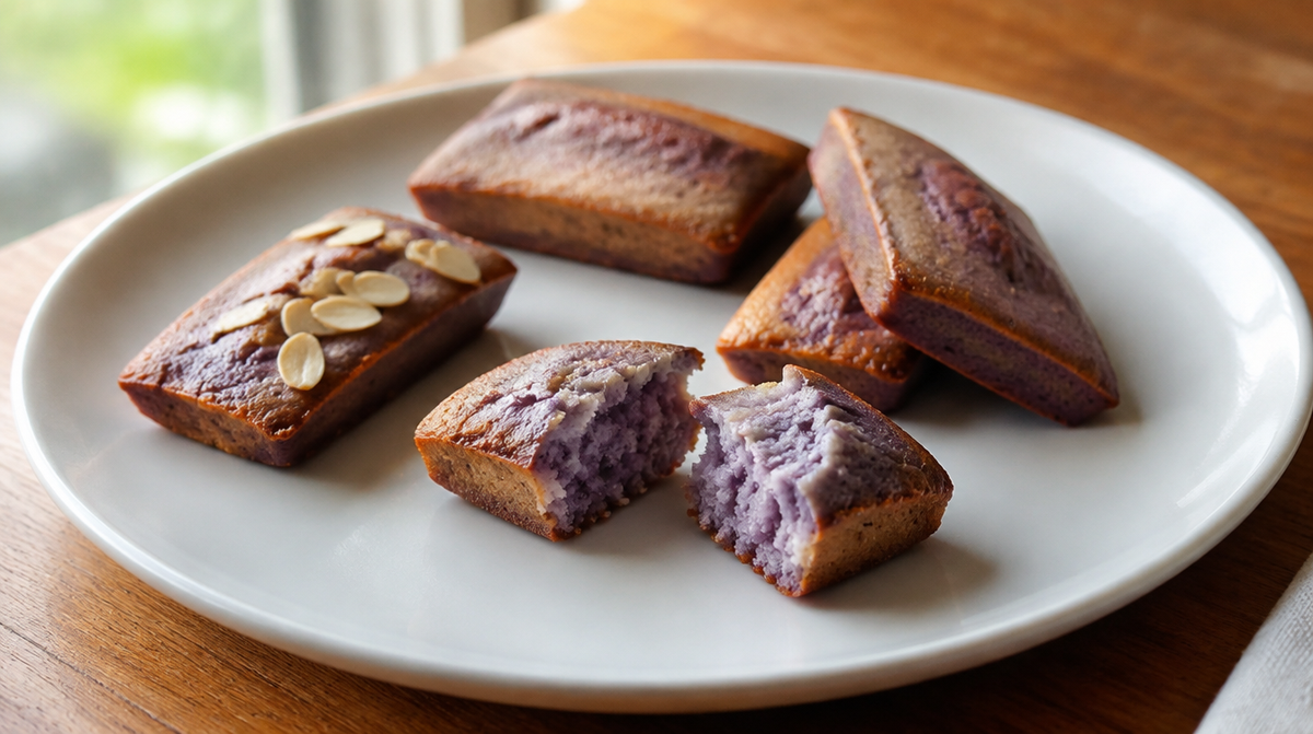 Financiers à l'ube maison, bords dorés et cœur moelleux violet