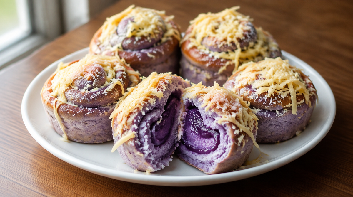 Ube ensaymada maison, spirales briocheuses violettes avec garniture halaya et finition fromage