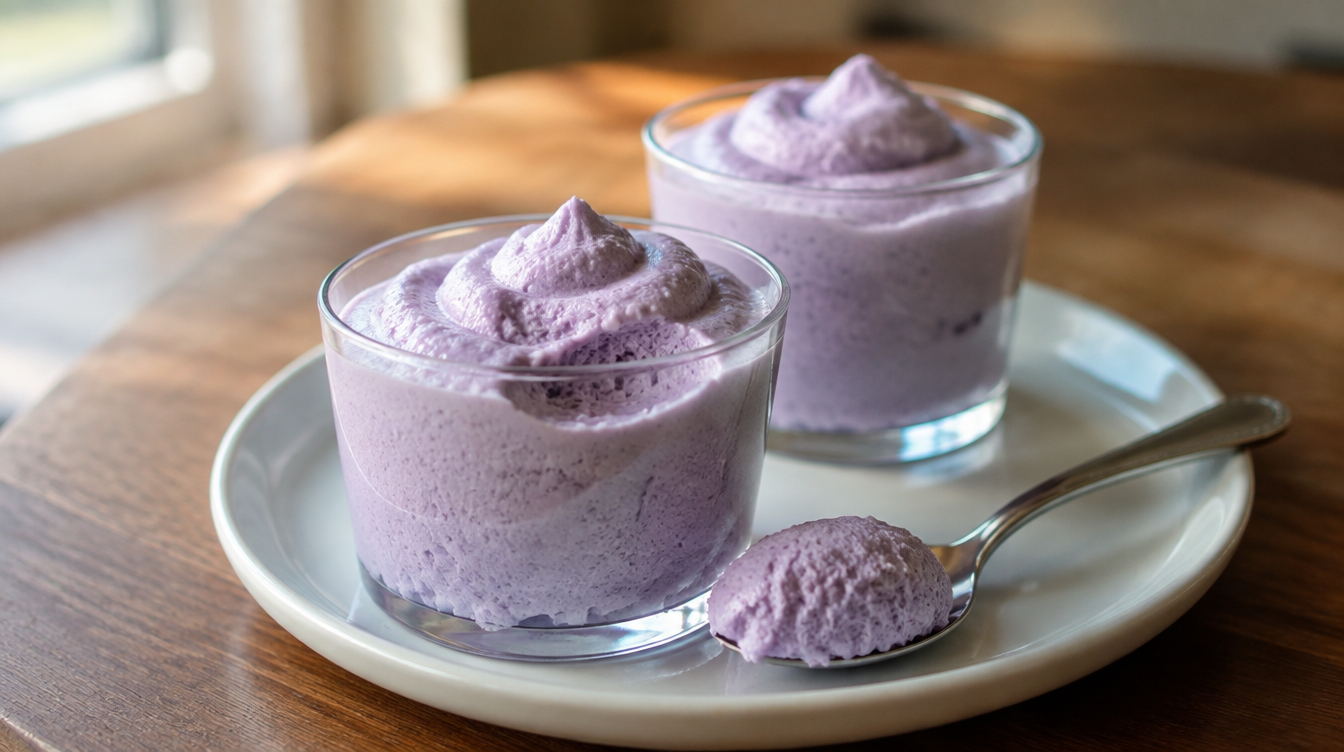 Mousse à l'ube maison en verrines, texture aérienne et légère