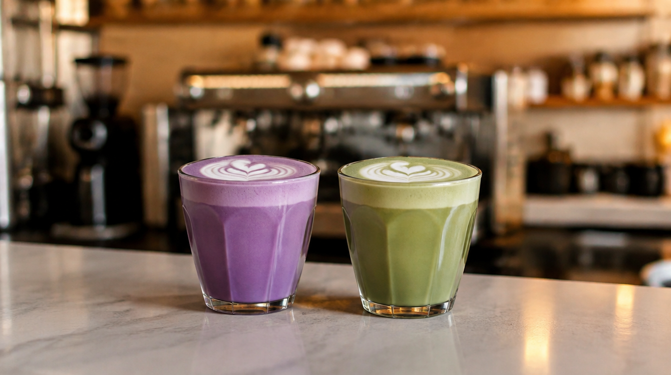 Un ube latte violet et un matcha latte vert côte à côte sur un comptoir de coffee shop