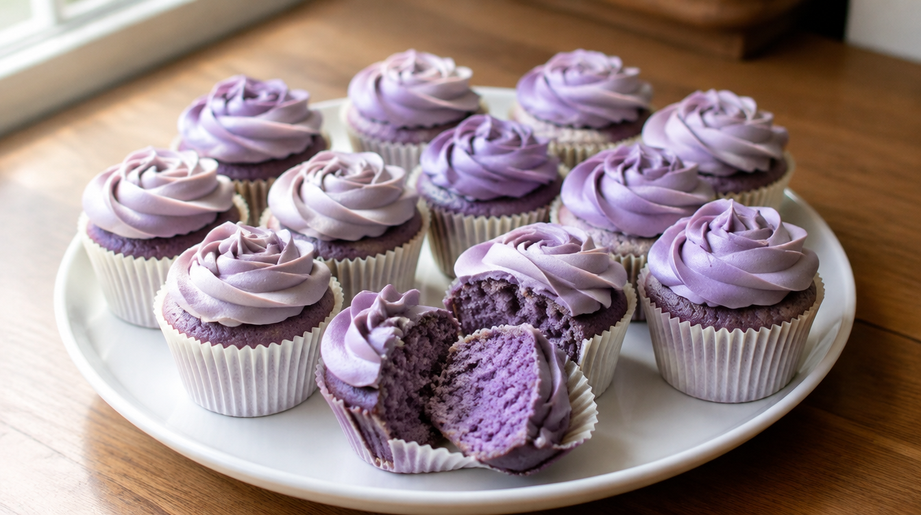 Cupcakes à l'ube maison avec buttercream pochée en rosace