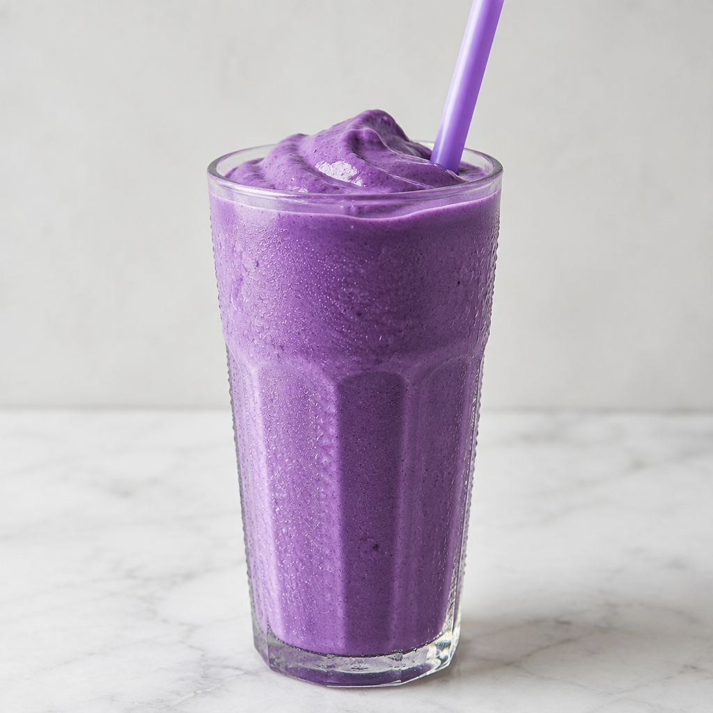Milkshake à l'ube épais et crémeux dans un grand verre transparent