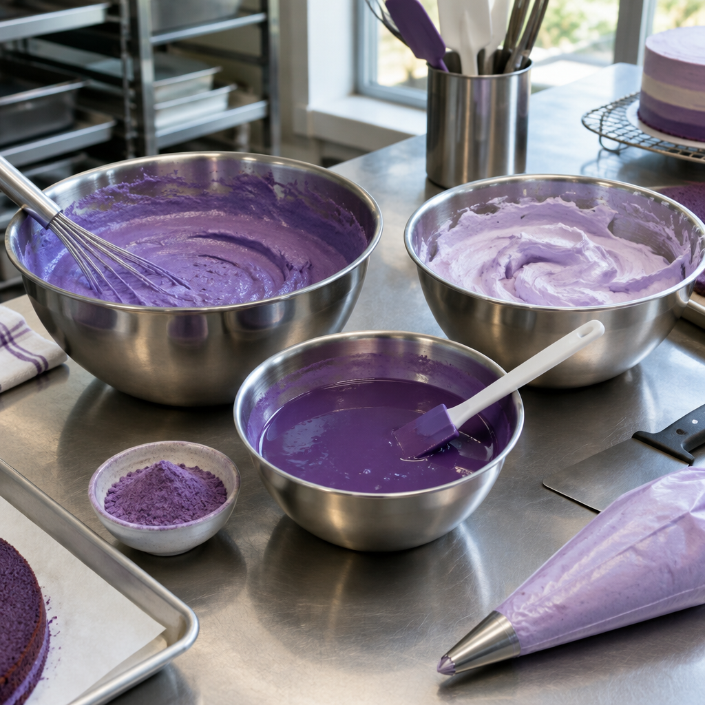 Plan de travail de pâtisserie professionnelle avec préparations violettes à l'ube en cours de fabrication