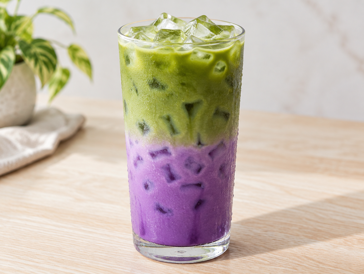 Ube matcha latte glacé violet et vert à deux couches